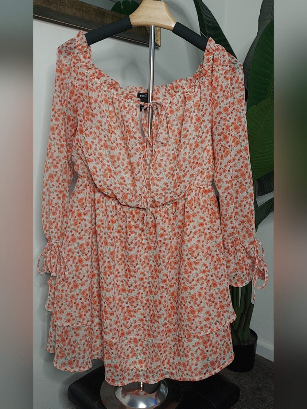 Rue21 Peach Floral Long Sleeve Tiered Dress